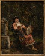 Charles MONTLEVAULT (1835-1897).
Bohémienne au tambourin, assise.
Huile sur panneau.
Signé en bas...