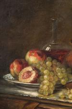 Ecole française du XIXème siècle. 
Nature morte aux raisins et...