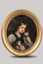 Armand DORE (1824-1882). 
Jeune fille au bouquet de roses. 
Huile...