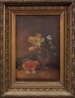 Théodore LEVIGNE (1848-1912). 
Lilas et fleurs dans un vase. 
Huile...