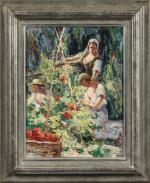 Joseph MEISSONIER (1864-1943). 
La cueillette des tomates. 
Huile sur panneau.
Signé...