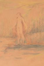 Joseph BERNARD (1864-1933). 
Personnage au bord de l'eau. 
Technique mixte...