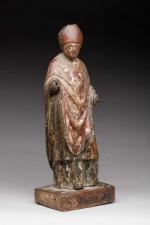 SAINT EVEQUE en bois sculpté et polychromé en ronde-bosse. XVIème...