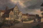 ECOLE FRANCAISE vers 1840
Le passage de la diligence devant l'église...