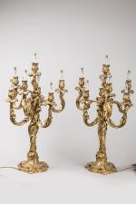 Paire de larges CANDELABRES en bronze doré de forme rocaille,...