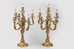 Paire de larges CANDELABRES en bronze doré de forme rocaille,...