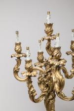 Paire de larges CANDELABRES en bronze doré de forme rocaille,...