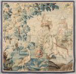 AUBUSSON. FRAGMENT de tapisserie dite verdure à décor d'une scène...