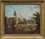 TABLEAU-HORLOGE. La sortie du village de montagne. Huile sur toile...