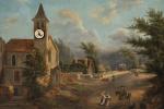 TABLEAU-HORLOGE. La sortie du village de montagne. Huile sur toile...