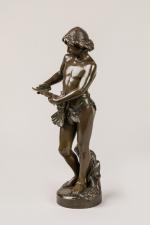 Jean-Louis GREGOIRE (1840-1890). L'oiseleur. Sujet en bronze à patine brune,...