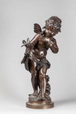 Auguste MOREAU (1834-1917). " Enfant ailé aux oiseaux ". Bronze...