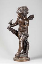 Auguste MOREAU (1834-1917). " Enfant ailé aux oiseaux ". Bronze...