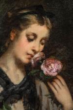 Armand DORE (1824-1882). 
Jeune fille au bouquet de roses. 
Huile...