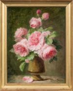 Thérèse GUERIN (1861-1933). 
Vase de roses. 
Huile sur toile contrecollée...