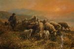 Théodore LEVIGNE (1848-1912).
Berger et ses moutons au couchant. 
Huile sur...