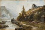 Théodore LEVIGNE (1848-1912).
Chevrière et ses bêtes au bord du torrent...