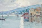 Joseph MEISSONIER (1864-1943). 
Vue d'un petit port en bord de...