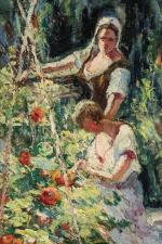 Joseph MEISSONIER (1864-1943). 
La cueillette des tomates. 
Huile sur panneau.
Signé...