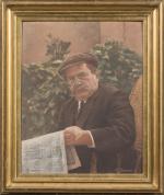 Léon GARRAUD (1877-1961). 
Portrait d'homme au béret lisant le journal.
Détrempe...