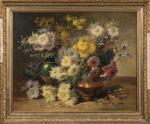 Émile GODCHAUX (1860-1938). 
Bouquet de dahlias. 
Huile sur toile.
Signature en...