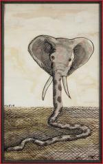 Roland TOPOR (1938-1997).
Boa à tête d'éléphant.
Encre et aquarelle sur papier...