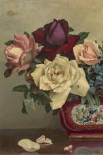 Irène KLESTOVA (1908-1989). 
Roses dans une porcelaine. 
Huile sur carton.
Signé...