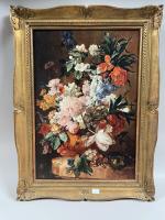 DEUX  REPRODUCTIONS sur toile : Nature morte aux fleurs...