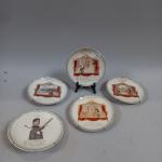 Cinq  ASSIETTES en faïence polychrome marquées H& B Cie,...