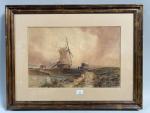 David I COX (1783-1859).
Le Moulin en Hollande. 
Aquarelle Signée en...