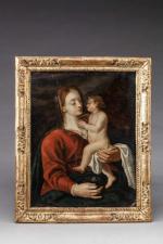 ECOLE FLAMANDE du XVIIème siècle. Vierge à l'Enfant. Huile sur...