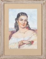 Léonie HUMBERT-VIGNOT (1878-1960). "Portrait de gitane". Aquarelle sur papier, signée...