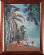 Jean-Louis PAGUENAUD (1876-1952), Plage animée aux Antilles. Huile sur carton,...