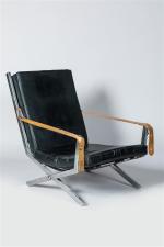 Années 1980-90. Fauteuil pliant en tube de métal chromé carré,...